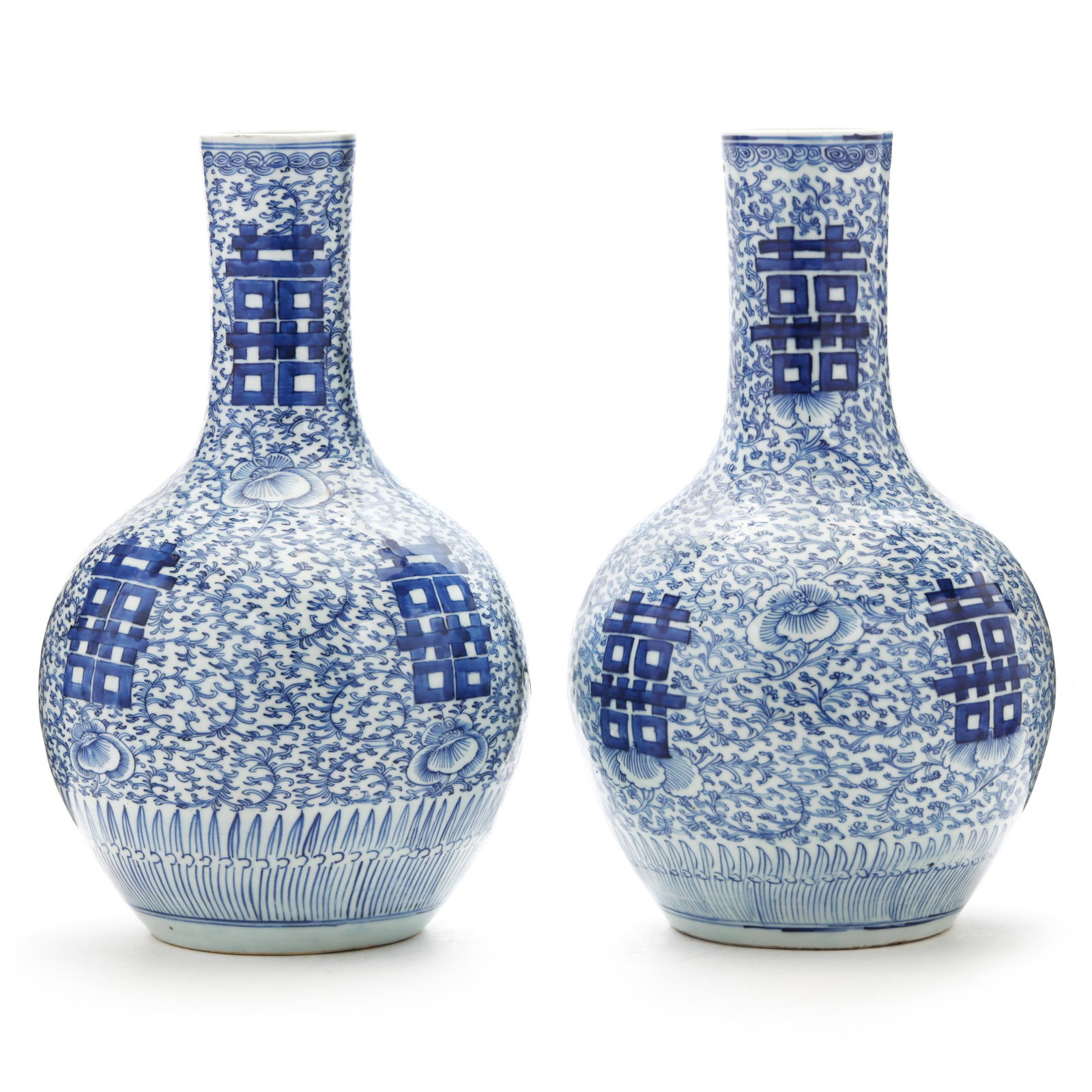 A Pair of Large Chinese Porcelain Blue and White "Double Happiness" Vases: A Pair of Large Chinese Porcelain Blue and White "Double Happiness" Vases late 20th century, Tianqiuping shaped vases, robustly potted with a globular body rising to a tall cylindrical neck flaring sl
