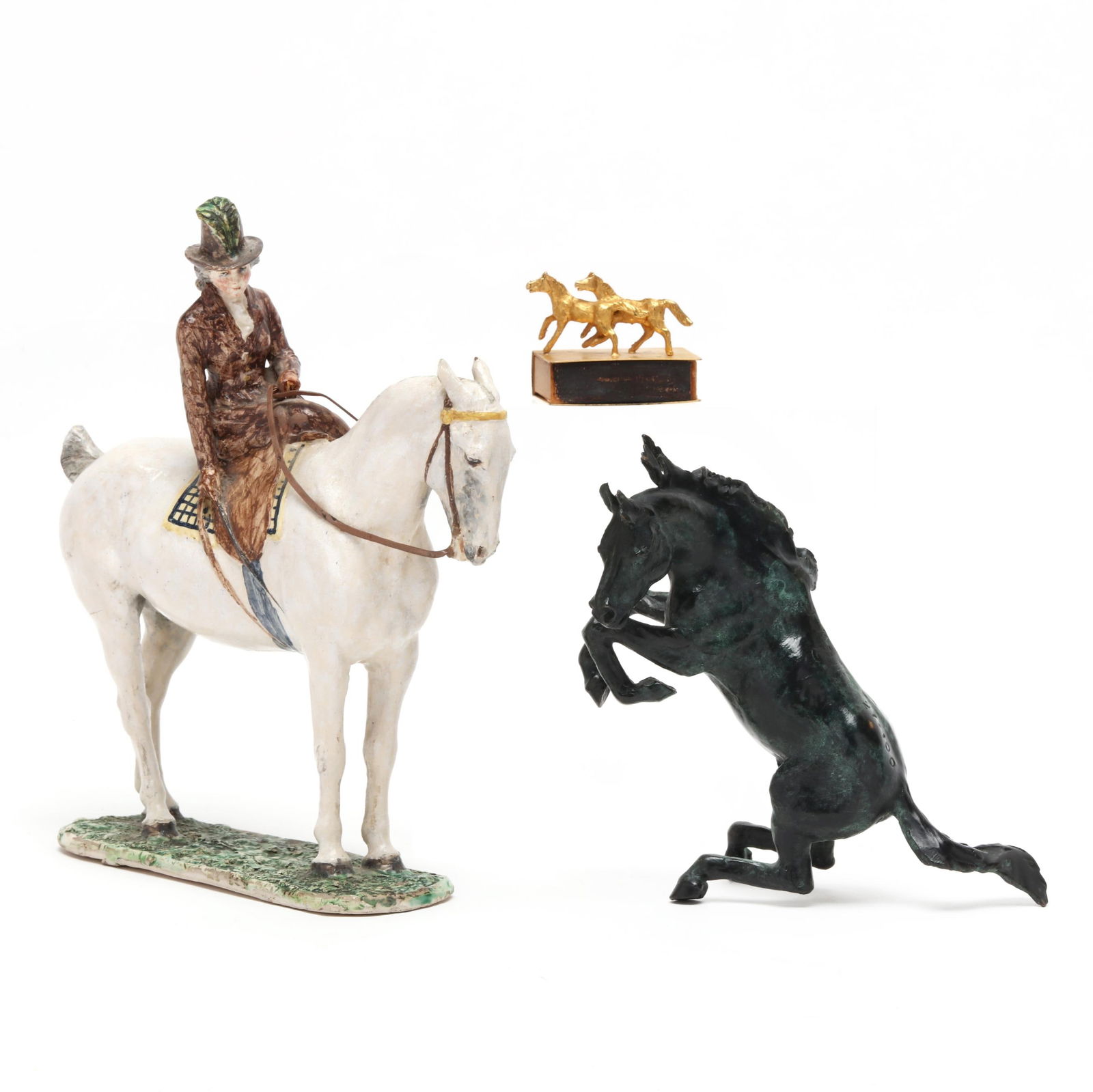 Three Equine Themed Table Accessories: Three Equine Themed Table Accessoriesthe first, an English hand-painted ceramic of a woman riding side saddle on horseback, signed with "CA" monogram and "England" to the underside; a vintage patinate