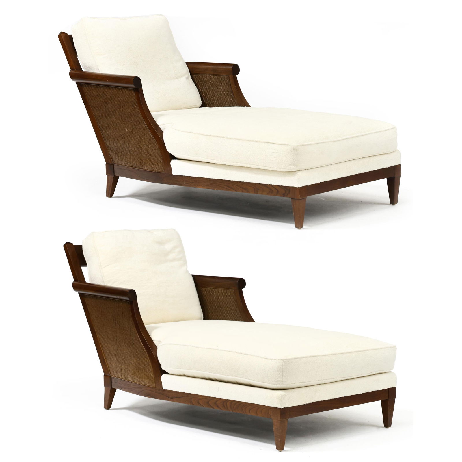 John Hutton for Sutherland, Pair of Colonial Style Recamiers: John Hutton for Sutherland, Pair of Colonial Style Recamierscontemporary, oak frames with double panel cane arms, white plush upholstered loose down-mix cushions, tapered feet, labeled. 32 x 31 x 60 i