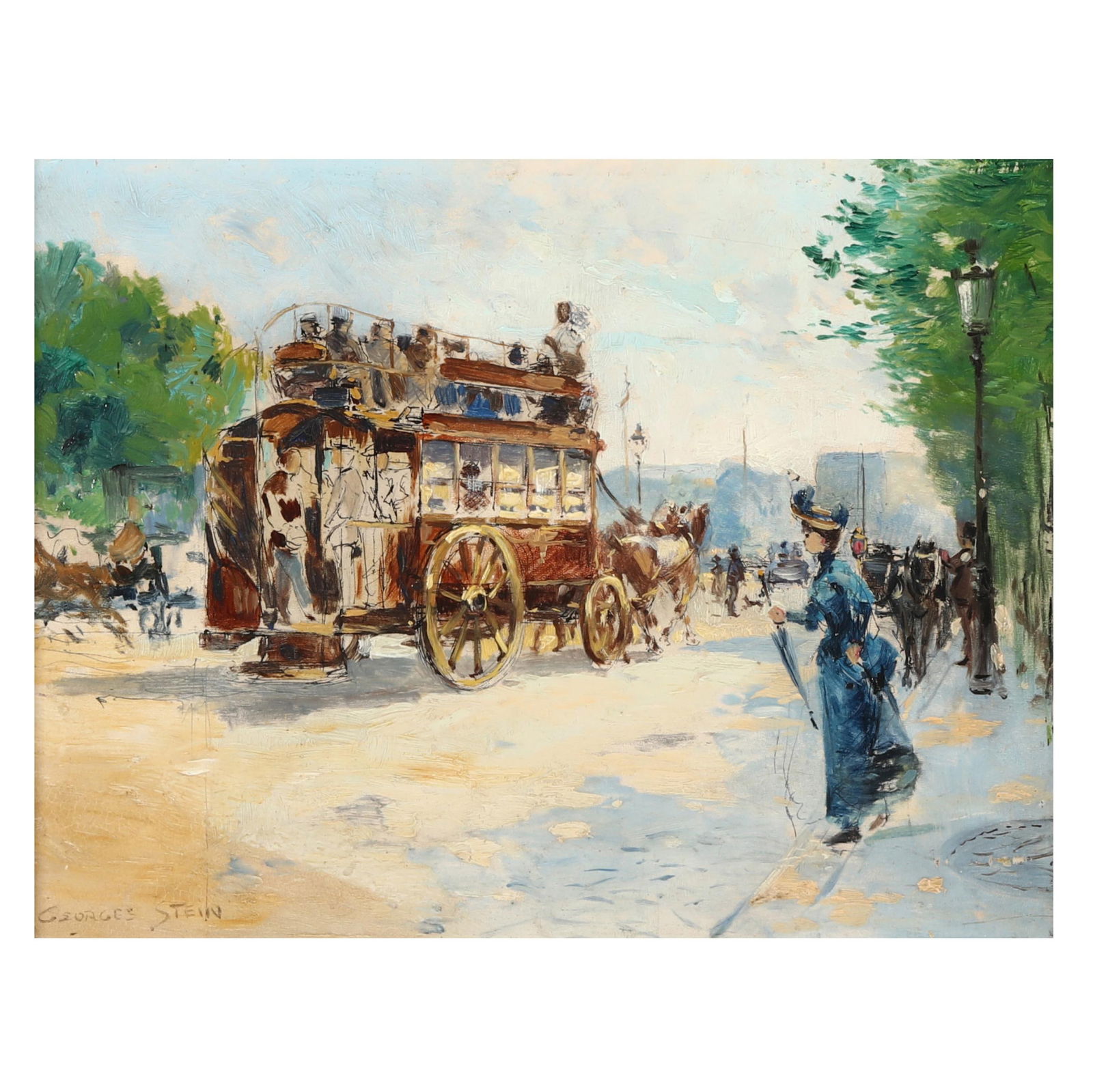 Georges Stein (French, 1864-1917), L'Omnibus, Paris: Georges Stein (French, 1864-1917), L'Omnibus, Parisoil on mahogany panel, signed at lower left, with stencil for the artists' supplier G. Hennequin of Paris to panel verso, presented in a later Impres