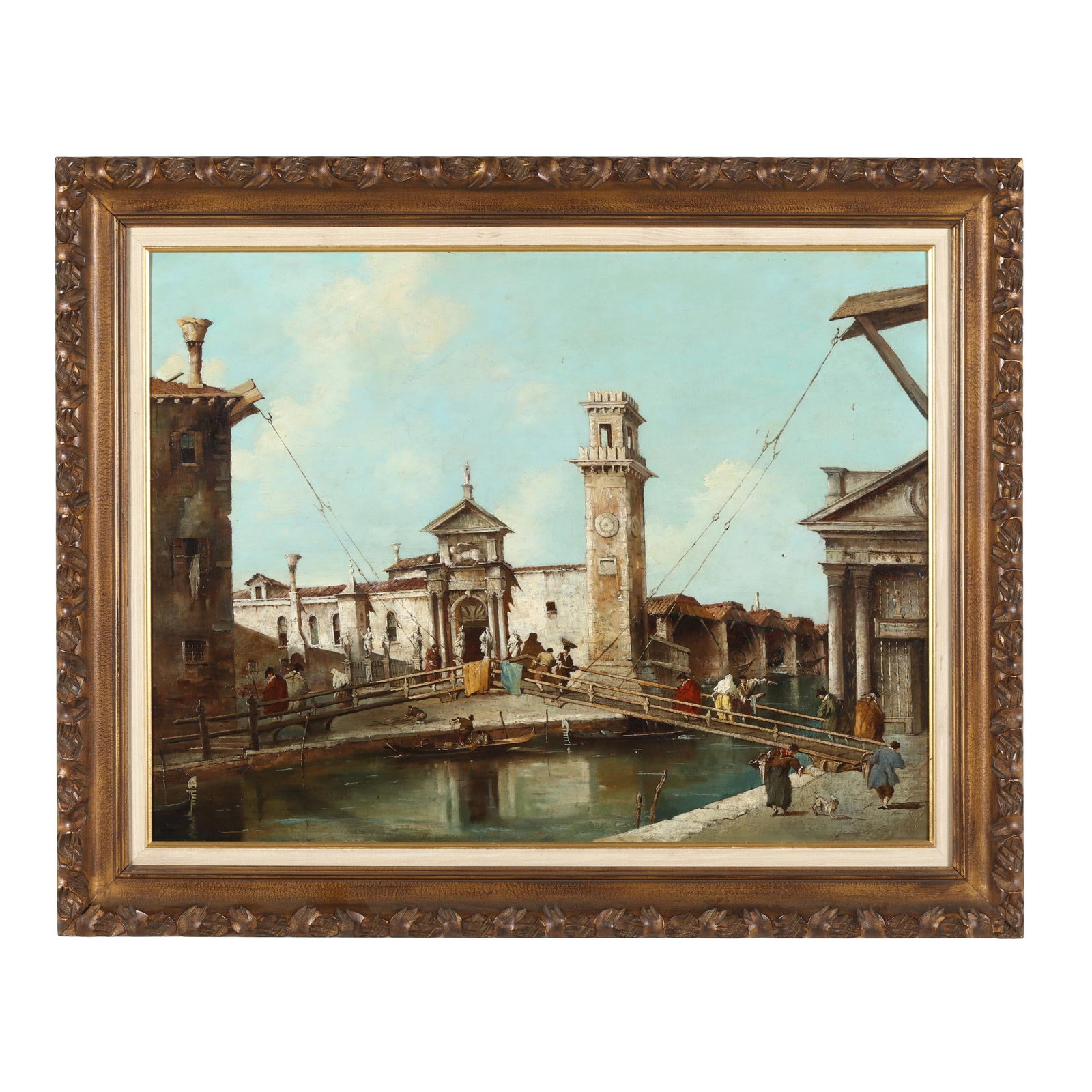 After Francesco Lazzaro Guardi (Italian, 1712-1793), Entrance to The Venice Arsenal: After Francesco Lazzaro Guardi (Italian, 1712-1793), Entrance to The Venice Arsenal oil on panel, late 19th century, unsigned, presented in a contemporary giltwood frame. Panel 22 x 29 in.; Frame dime