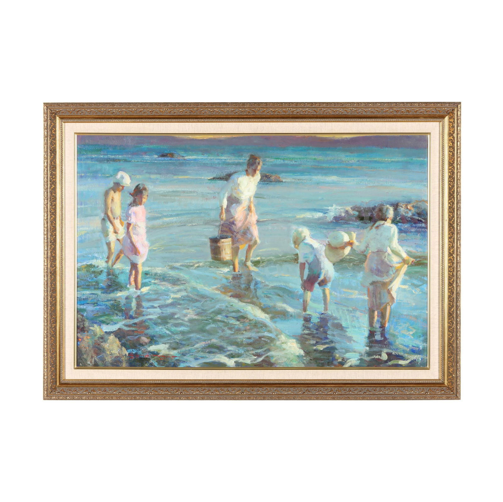Don Hatfield (American), Beach Scene with Figures: Don Hatfield (American), Beach Scene with Figuresoil on canvas, signed at lower left, framed. Stretcher size 24 x 36 in.; Frame dimensions 30 1/4 x 42 1/4 in. Private Collection, Massachusetts, Colora