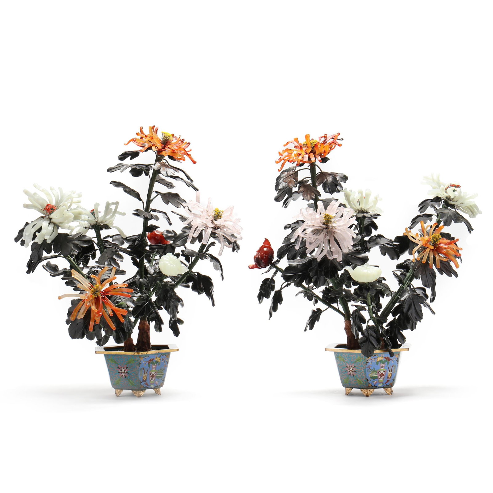 Pair of Chinese Hardstone Trees in Cloisonne Jardinieres (1 of 11)