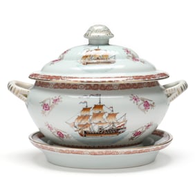 A Chinese Export Porcelain Soup Tureen and Underplate with Ship Decoration