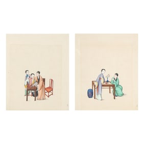 Pair of China Trade Paintings of Tea Scenes