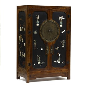 Chinese Elm, Lacquer and Carved Stone Cabinet