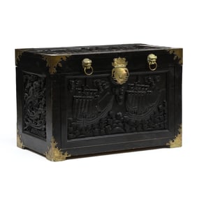 Chinese Carved and Ebonized Camphor Wood Trunk
