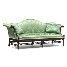Chinese Chippendale Style Carved Mahogany Sofa in Scalamandre Upholstery