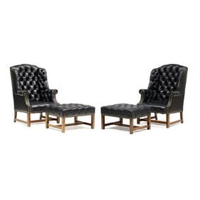 Pair of Chippendale Style Tufted Leather Easy Chairs and Ottomans