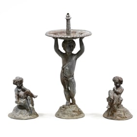 Figural Lead Fountain and Pair of Matching Statues