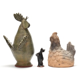 Three Georgia Folk Pottery Roosters