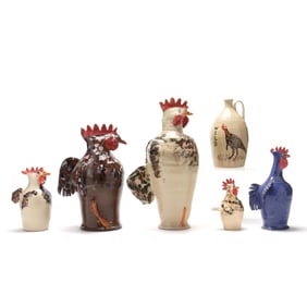 Fred Beane (Zanesville, Ohio and Seagrove, NC), Five Folk Art Roosters and Jug