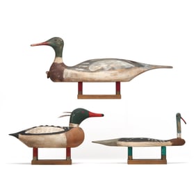 Kenneth Roy Coghill (VA, 1954-2015), Three Folk Carved Decoys & Glasses