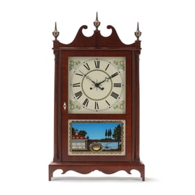 Eli Terry Reproduction Mahogany Pillar and Scroll Shelf Clock