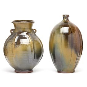 Ben Owen III (Seagrove, NC), Two Oribe Glazed Pottery Vases