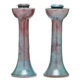 Ben Owen III (Seagrove, NC), Pair of Chinese Blue Pottery Candlesticks
