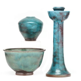 Ben Owen III (Seagrove, NC), Three Chinese Blue Decorated Pottery Items