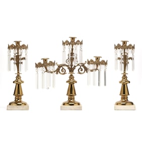 attributed to Cornelius & Co., Three Part Drop Brass Prism Girandole Garniture