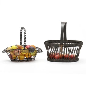 Two American Tinware Baskets with Miniature Stone Fruit, including David Claggett