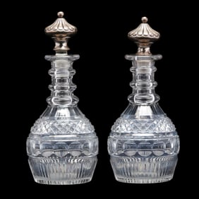 Pair of Antique American Sterling Silver Mounted Cut Crystal Decanters
