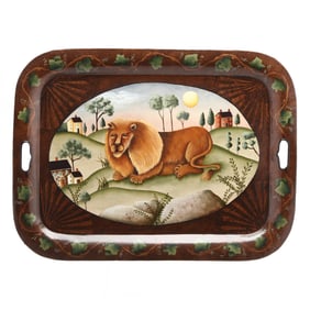 Tole Serving Tray with Lion, Signed D. Breson
