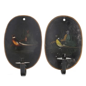 Near Pair of Tole Pheasant Wall Sconces