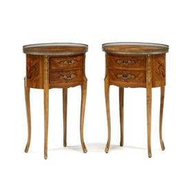 Pair of French Marquetry Inlaid Oval Stands