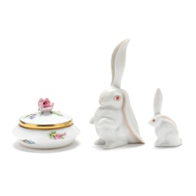 A Herend Porcelain Trinket Box and Two Bunnies