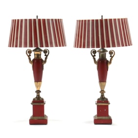 Pair of Neoclassical Style Tole and Brass Table Lamps