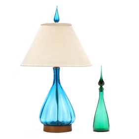 A Vintage Blenko Glass Table Lamp and Bottle