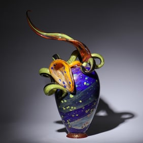 Dale Chihuly (American, b. 1941), Cobalt, Orange and Yellow Venetian Vase