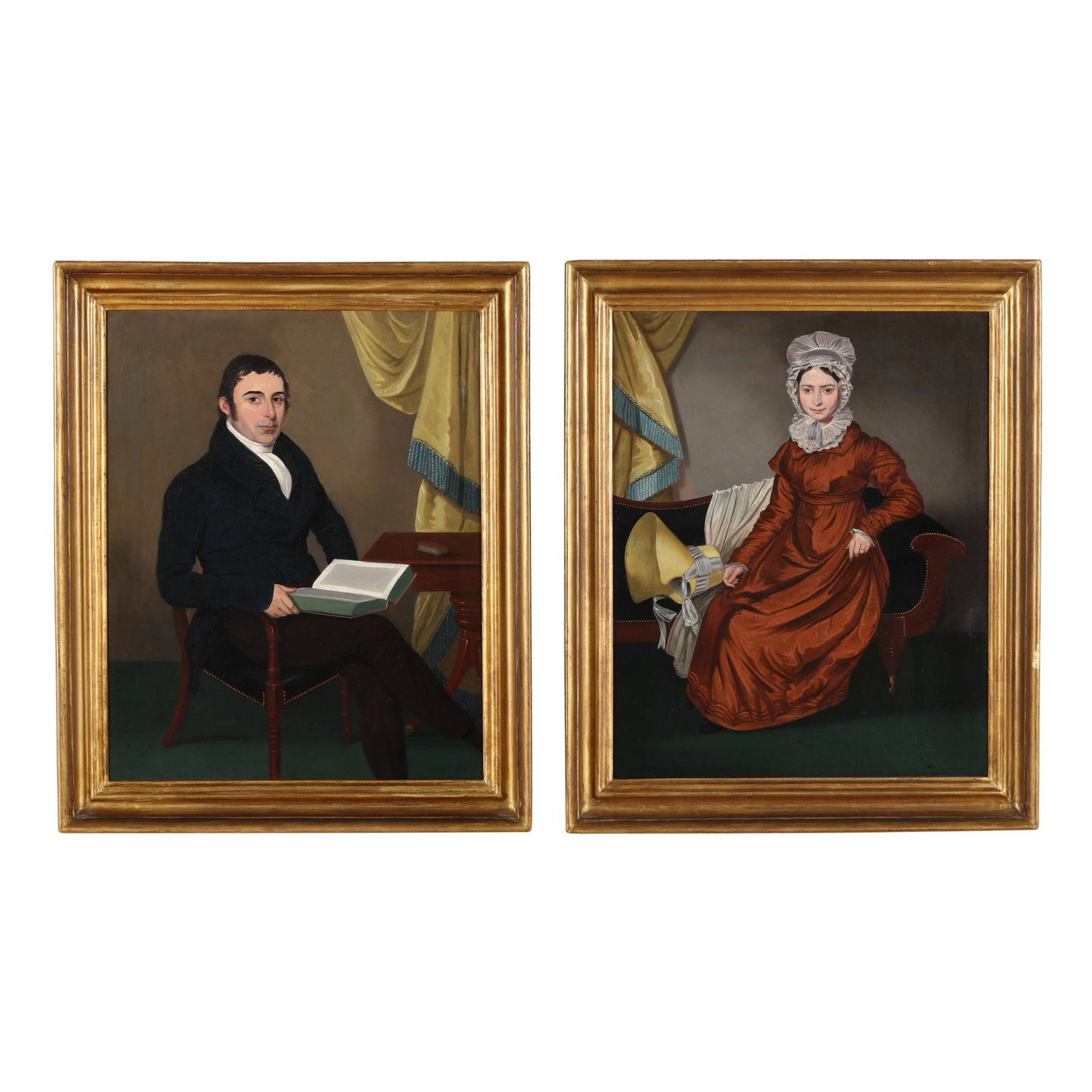 R. Gibbs (English, 19th Century), Marriage Portraits of a Lady and Gentleman: R. Gibbs (English, 19th Century), Marriage Portraits of a Lady and Gentlemanoil on canvas (lined), 1825, the portrait of a gentleman signed and dated at lower left, retaining label to verso, presented