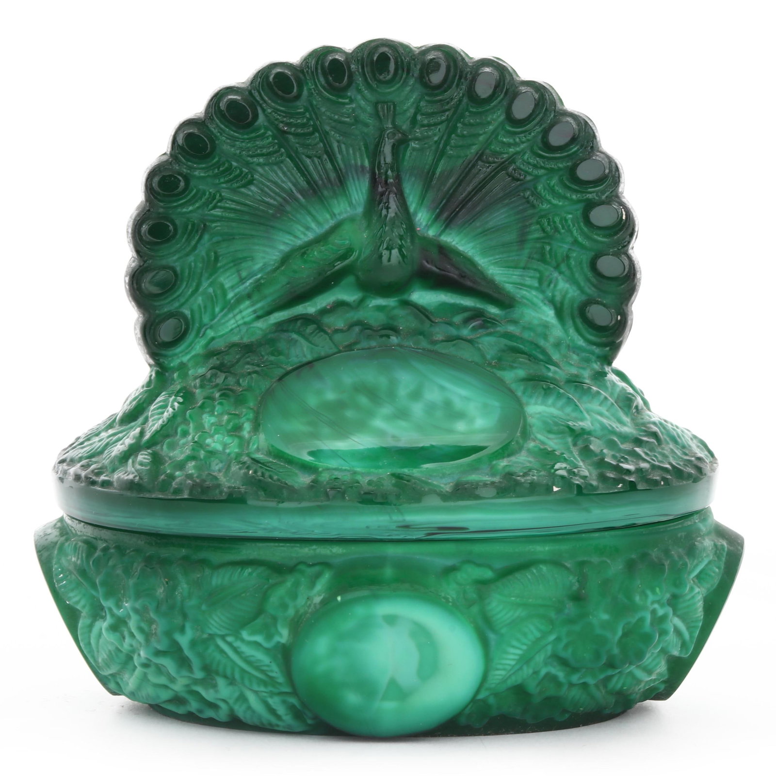 Czechoslovakian Malachite Glass Peacock Dresser Box (1 of 5)