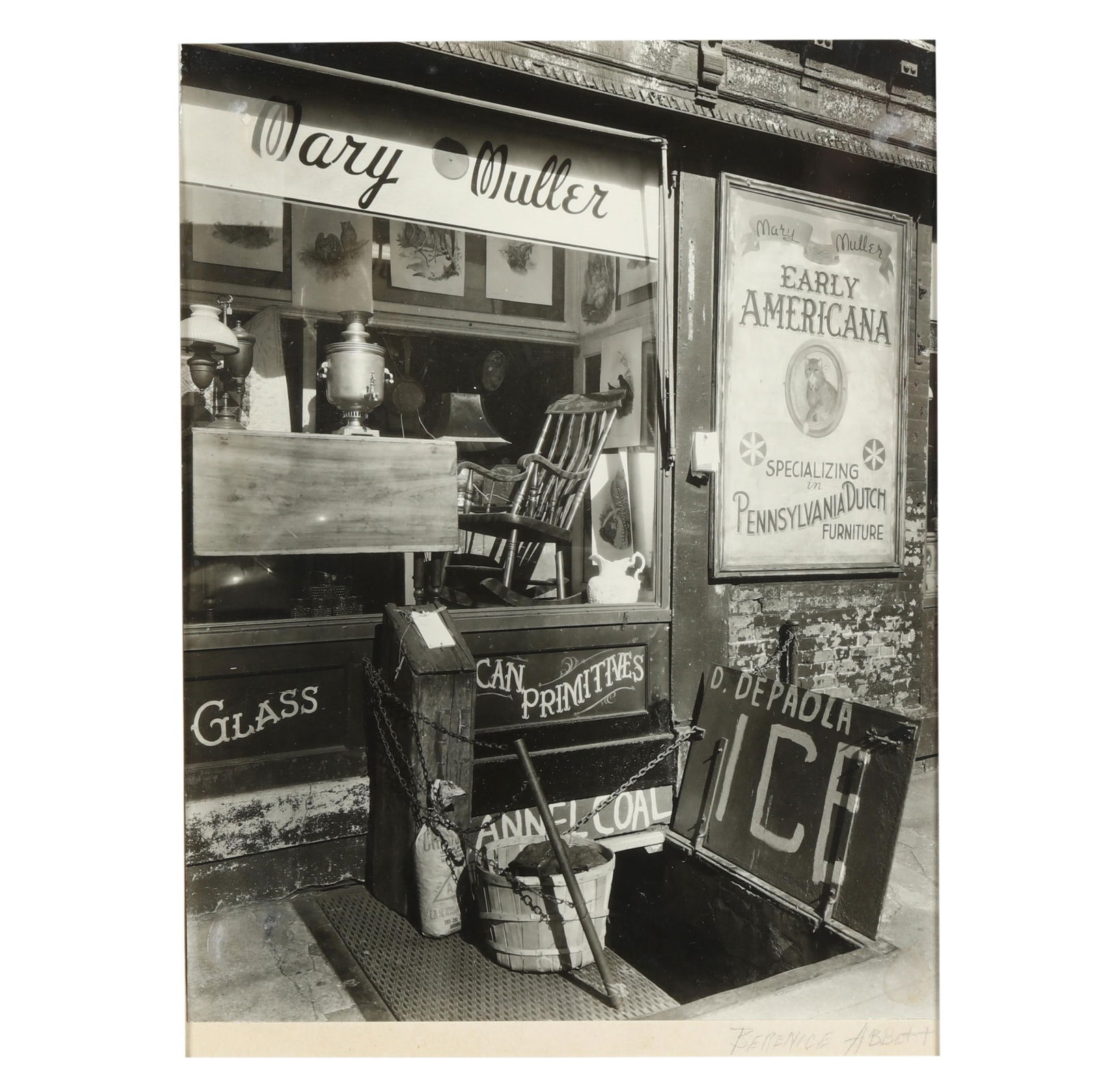 Berenice Abbott (American, 1898-1991), Mary Muller Antique Shop, Greenwich Ave. and W. 10th: Berenice Abbott (American, 1898-1991), Mary Muller Antique Shop I, Greenwich Ave. and W. 10th StreetGelatin silver print, 1938-1947, and early printing, pencil signed to mount at lower right, with pho