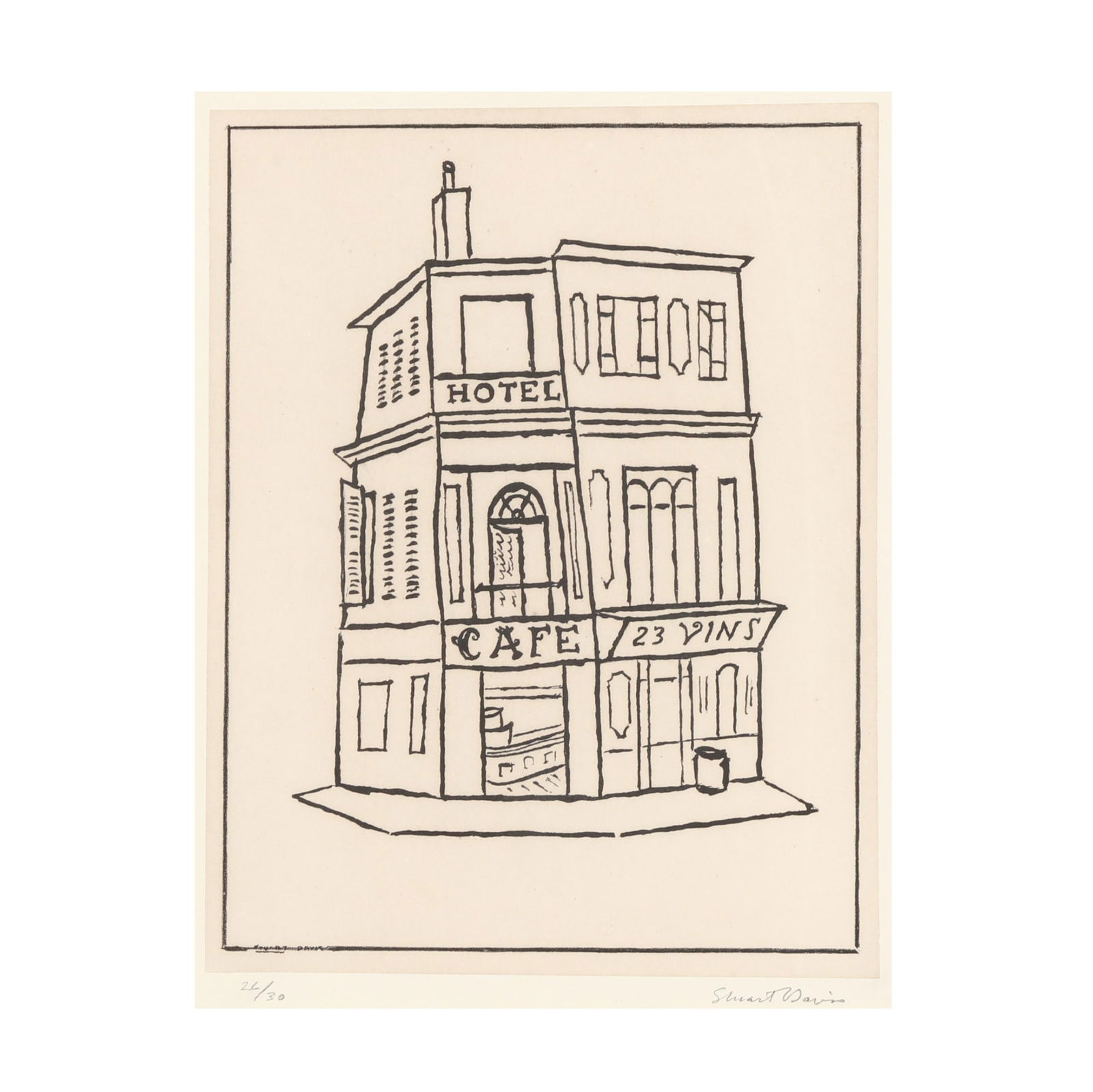 Stuart Davis (American, 1892–1964), Hotel Café: Stuart Davis (American, 1892–1964), Hotel Cafelithograph on light beige chine collé, 1928-29, pencil signed and numbered 26/30 to support sheet, framed. Cole/Meyer 4. Chine-collé size 10 5/8 x 8 1