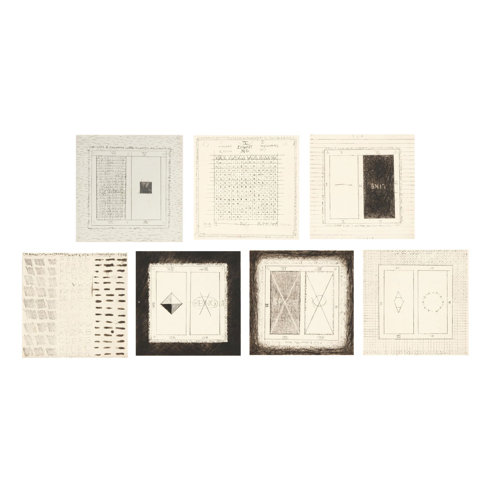 Pat Steir (American, born 1940), Burial Mound (Complete Suite of Seven Works): Pat Steir (American, born 1940), Burial Mound (Complete Suite of Seven Works)each an etching in sepia on HMP handmade paper, 1976, from an edition of 35, full margins, all mounted, all but one present