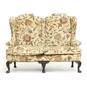 Queen Anne Style Wing Back Settee with Crewel-Work Upholstery