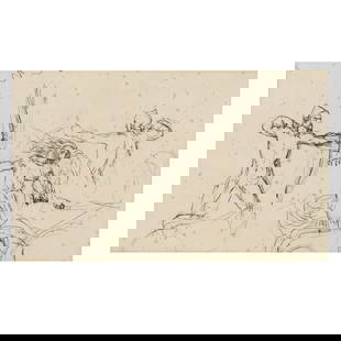 William Etty (English, 1787-1849), Joan of Arc , Study: William Etty (English, 1787-1849), Joan of Arc, Studyink on paper drawing, appears unsigned, inscribed to verso, matted and framed below glass. Sight size 7 1/4 x 12 in.; Frame dimensions 17 1/8 x 21
