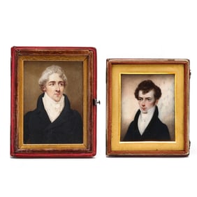 Two British School Miniature Portraits of Gents in Traveling Cases