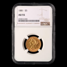 1881 $5 Liberty Head Gold Half Eagle, NGC AU 55