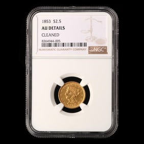 1853 Liberty Head $2.50 Gold Quarter Eagle, NGC AU DETAILS, Cleaned