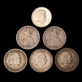 Two (2) Liberty Seated Half Dollars with Three (3) Columbian Halves