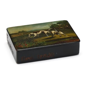 English Lacquerware Snuff Box with Hunt Scene and Carved Slogans