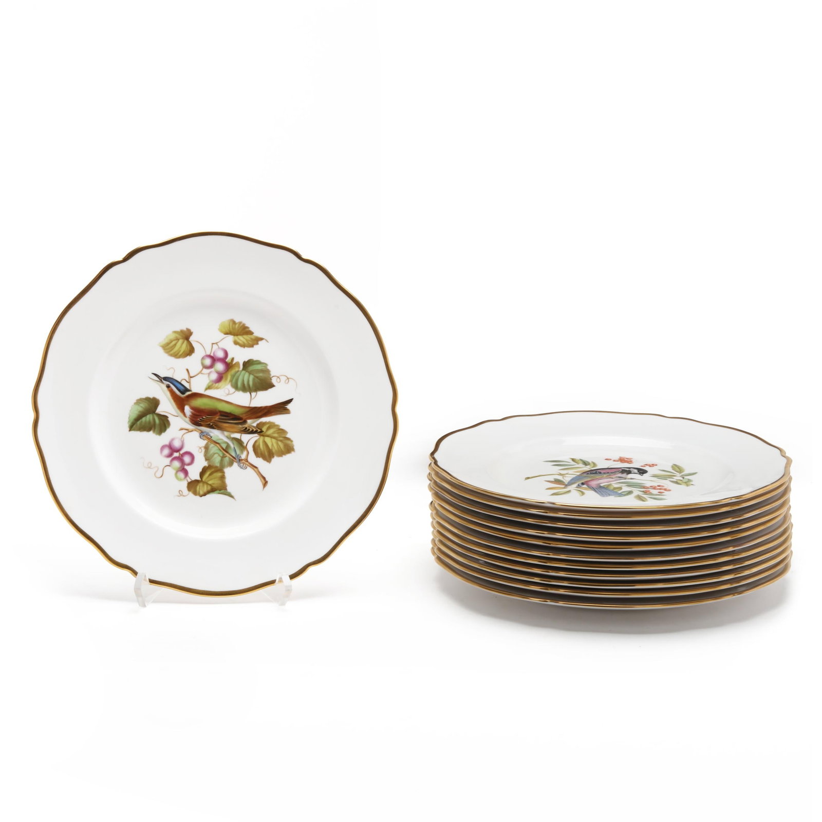 Twelve Spode Audubon Birds Dinner Plates: Twelve Spode Audubon Birds Dinner PlatesEngland, 1960s-1970s, hand-painted, each with a gold rim and a bird featured in the well, to include the following: (1) with a Western Tanager, (1) with a Red-e