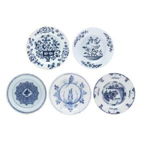 Collection of Five Delftware Blue and White Dishes
