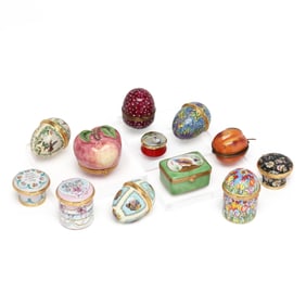Collection of Twelve Enamel Pill Boxes, Halcyon Days and Limoges