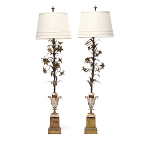 Pair of Tall Continental Marble and Brass Lily Table Lamps