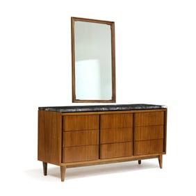 American Mid-Century Granite Top Walnut Dresser and Mirror