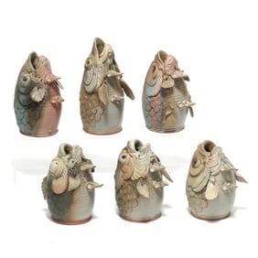 Douglas Fey, Six Whimsical Fish Head Pottery Bird "Garglers"