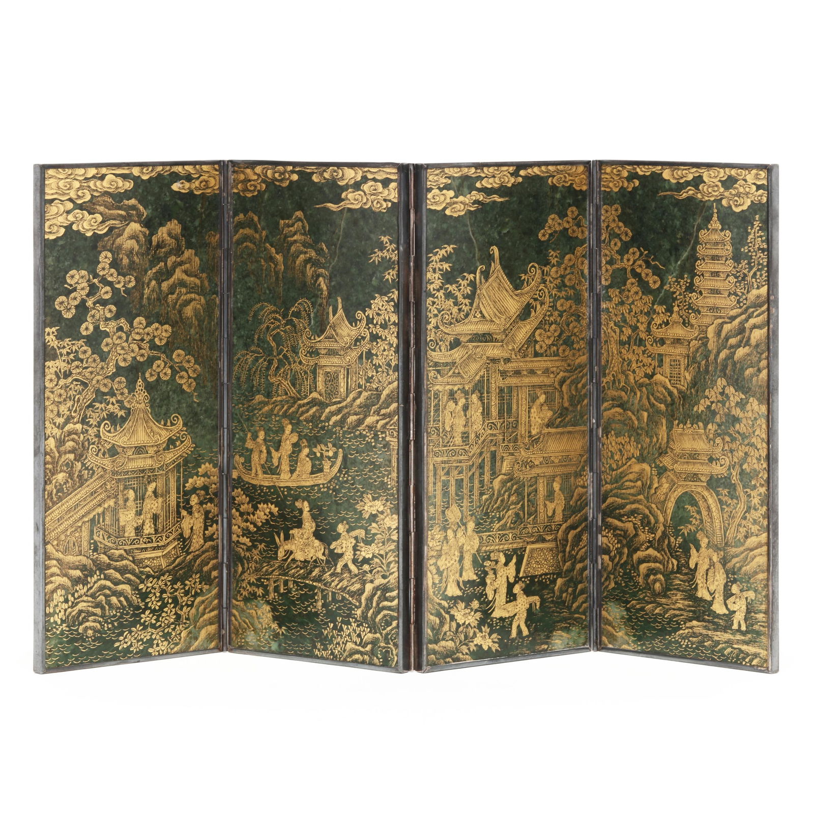 A Chinese Gilt Decorated Spinach Green Hardstone Four Panel Table Screen (1 of 7)